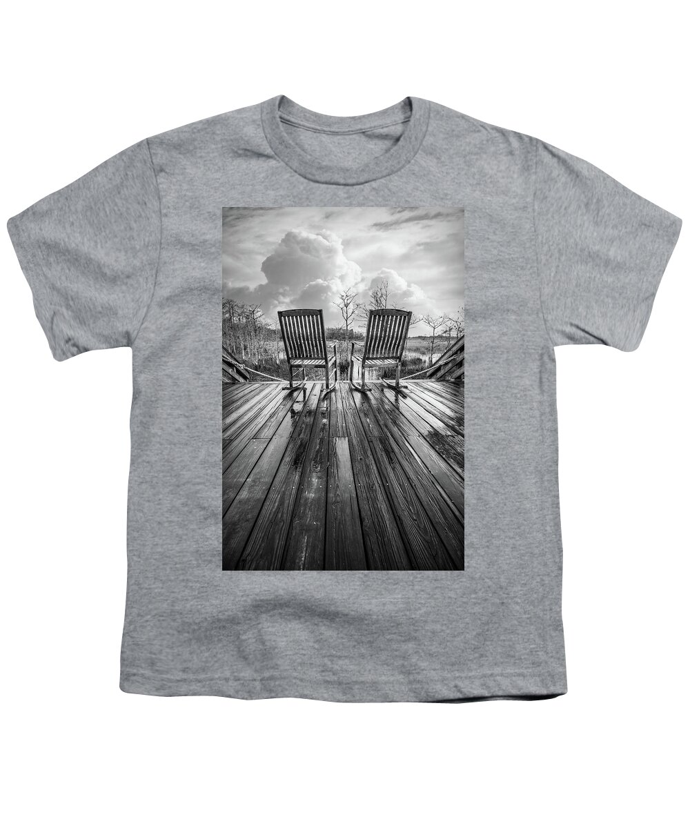 Clouds Youth T-Shirt featuring the photograph Two Chairs after the Rain in Black and White by Debra and Dave Vanderlaan