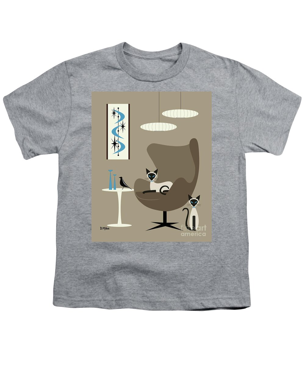 Mid Century Cat Youth T-Shirt featuring the digital art Two Siamese in Mid Century Brown Chair by Donna Mibus