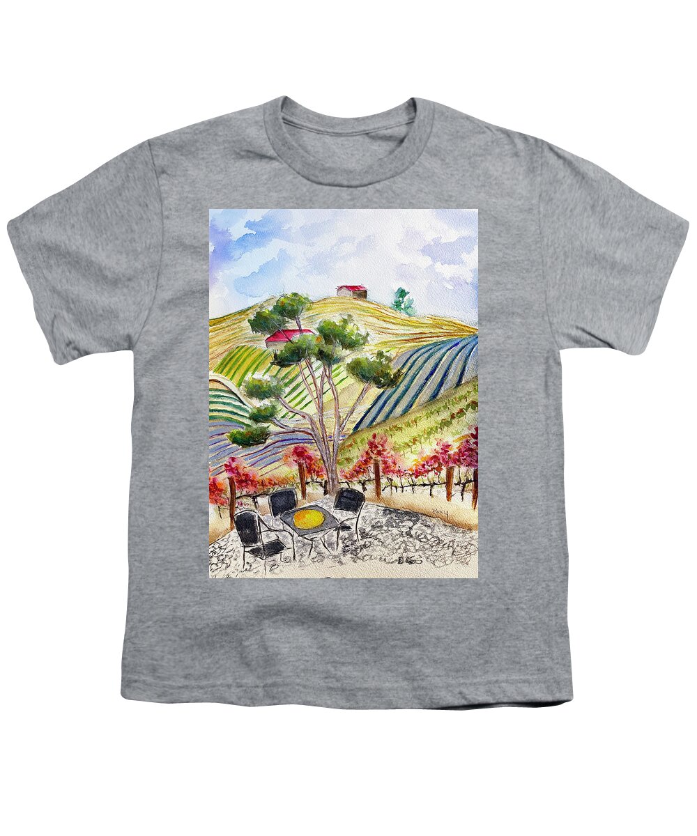 View Youth T-Shirt featuring the painting View from the patio at Gershon Bachus Vintners by Roxy Rich
