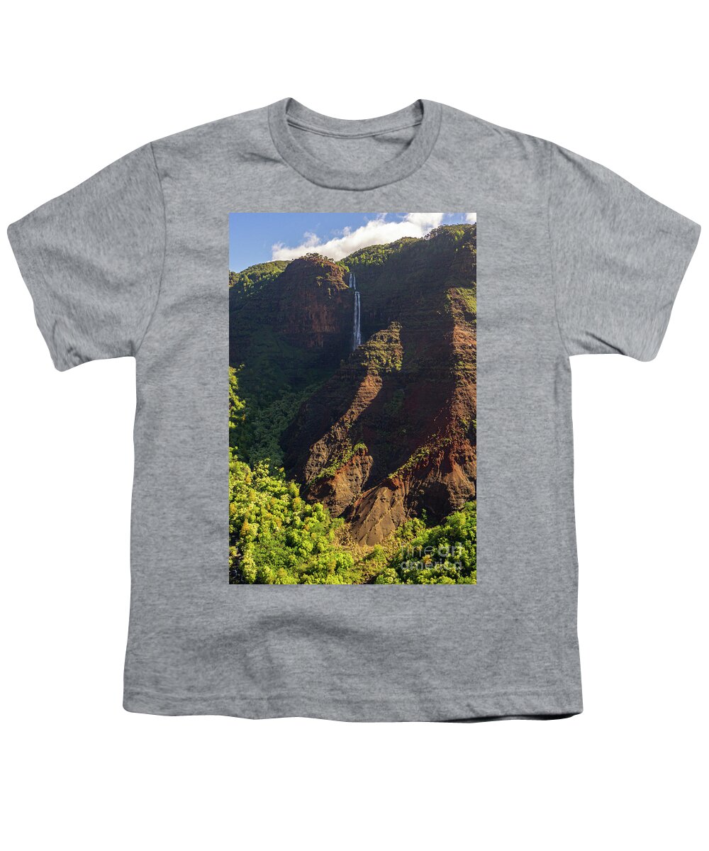 Waipo'o Falls Youth T-Shirt featuring the photograph Waipo'o Falls in Waimea Canyon on Kauai, Hawaii #2 by Nancy Gleason