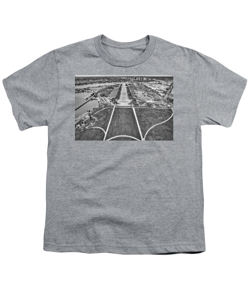 Washington Dc Youth T-Shirt featuring the photograph Washington DC Memorials Aerial BW by Susan Candelario