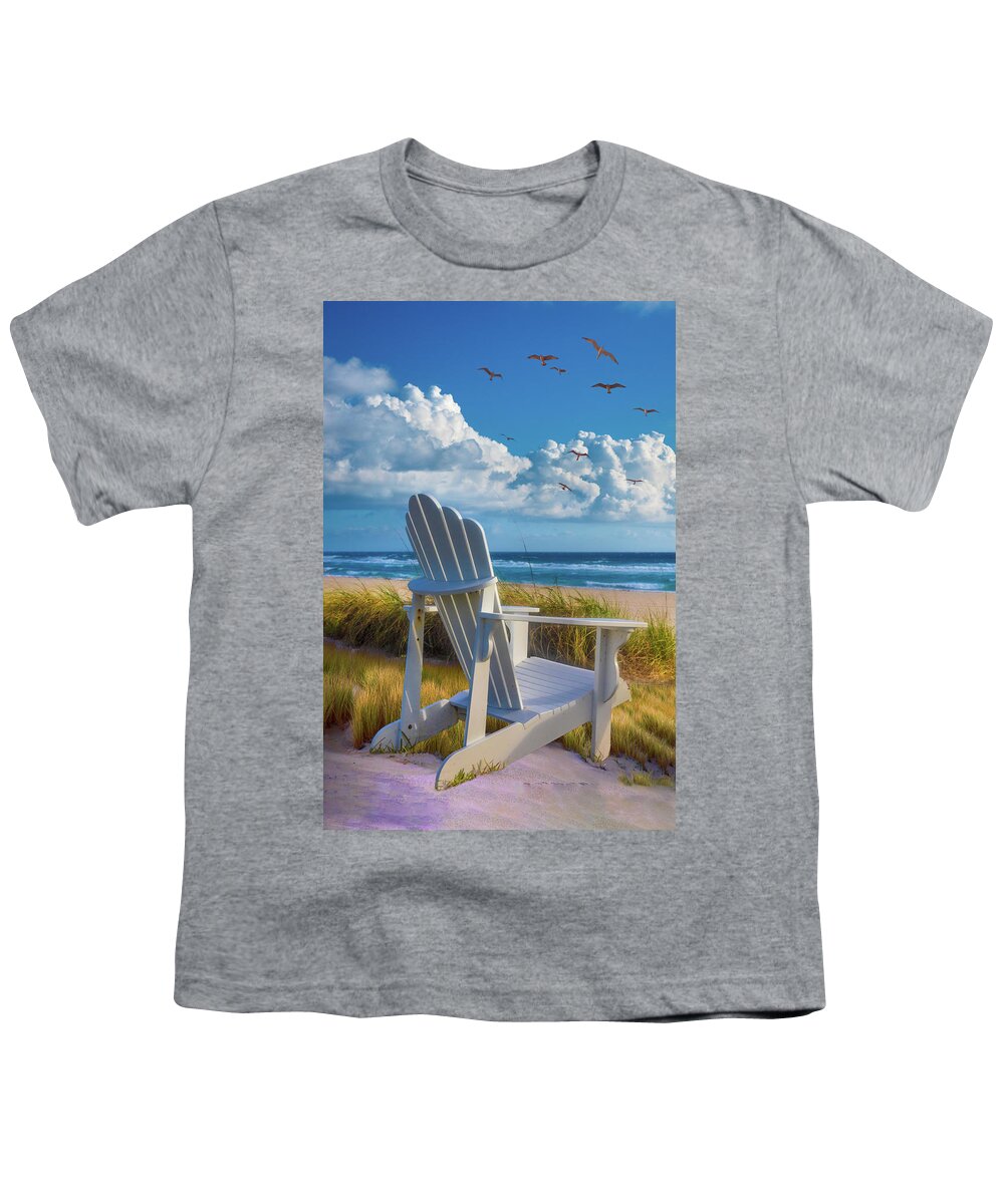 Birds Youth T-Shirt featuring the photograph White Chair in the Dunes by Debra and Dave Vanderlaan