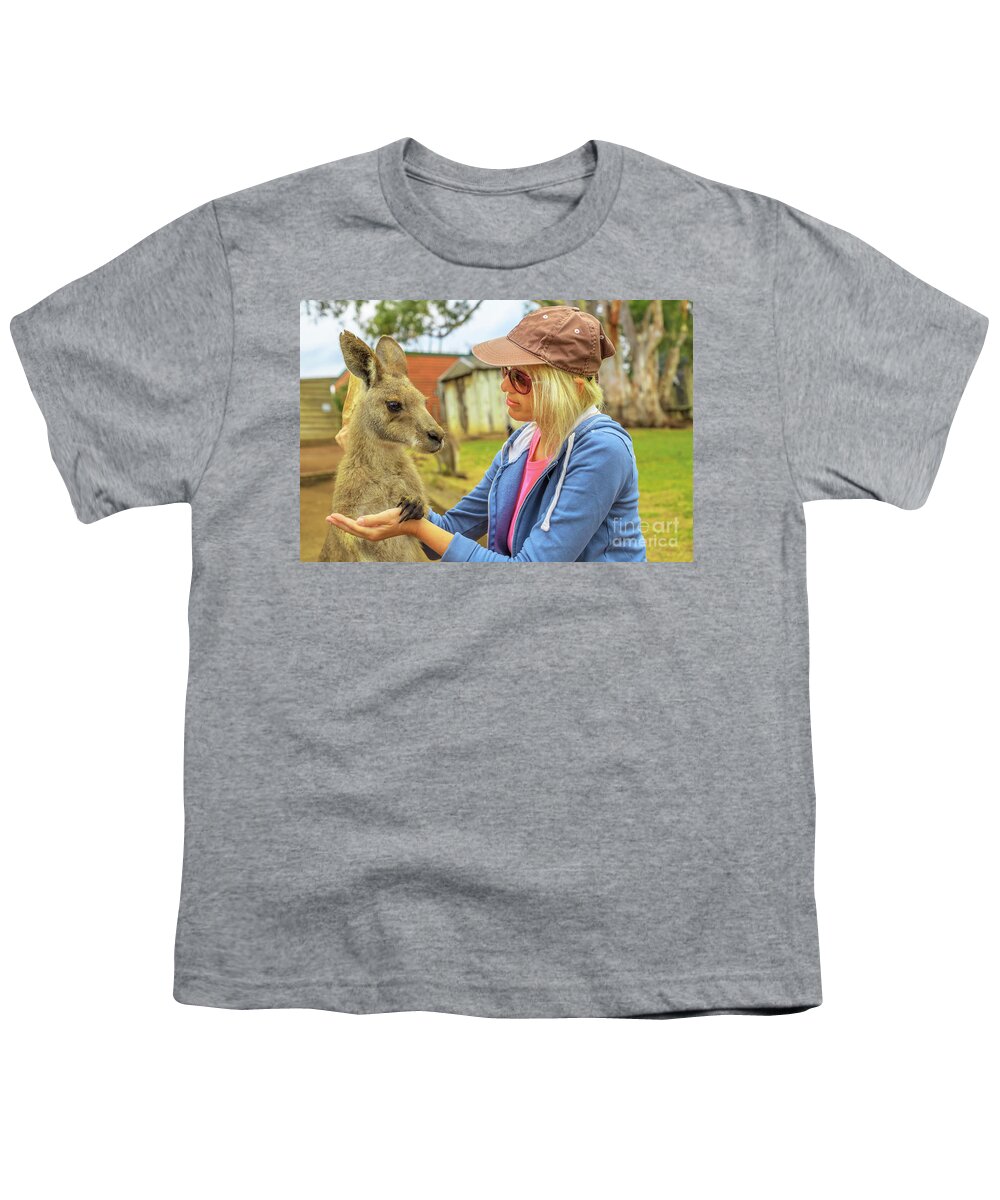 Kangaroos Youth T-Shirt featuring the photograph Woman with kangaroo by Benny Marty