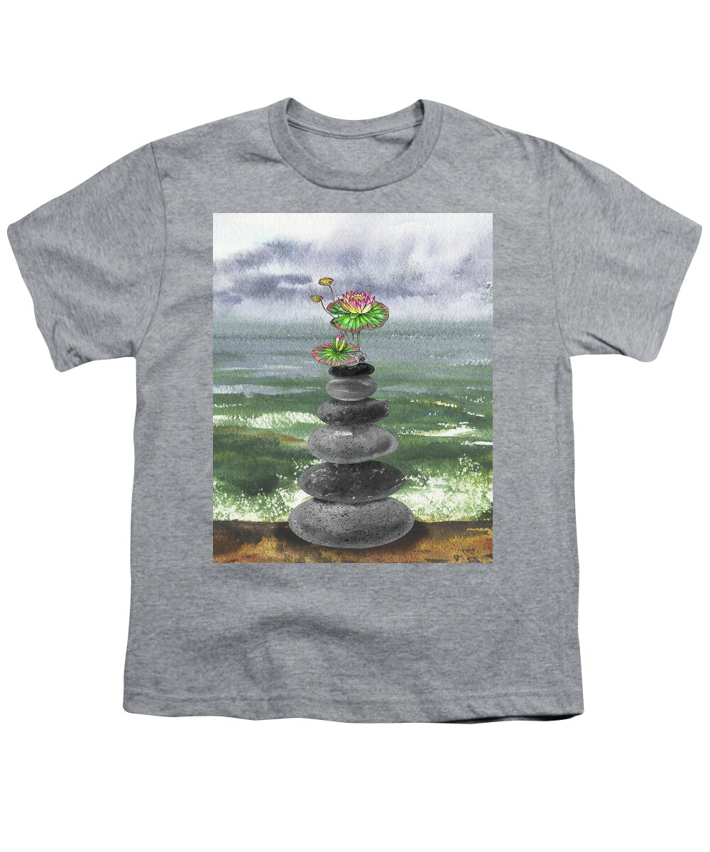 Cairn Rocks Youth T-Shirt featuring the painting Zen Rocks Cairn Meditative Tower With Water Lily Flower Watercolor by Irina Sztukowski