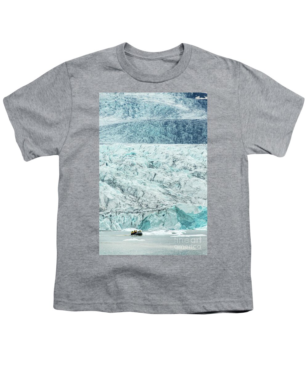 Iceland Youth T-Shirt featuring the photograph Zodiac boat in glacier lagoon, Iceland by Delphimages Photo Creations