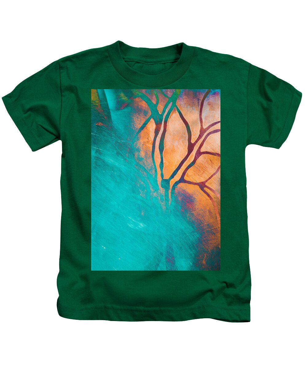 Tree Kids T-Shirt featuring the mixed media Fire And Ice Abstract Tree Art Teal by Priya Ghose