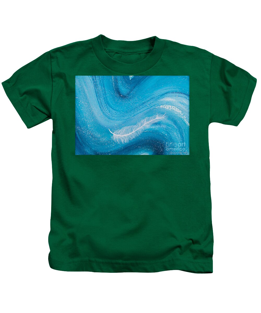 Feather Kids T-Shirt featuring the painting White spiritual feather on pale blue wave by Carolyn Bennett by Simon Bratt