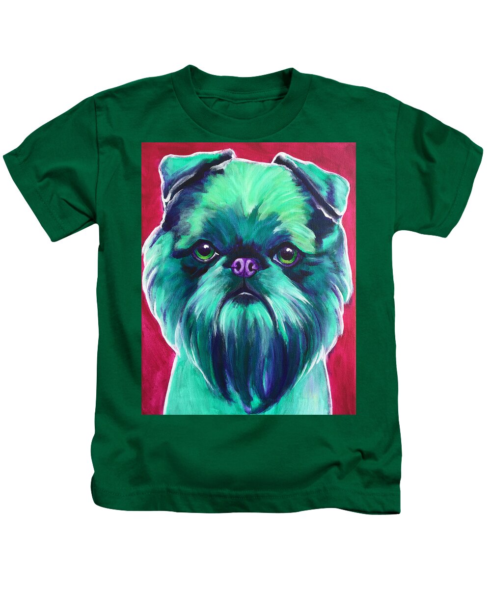 Brussels Griffon Kids T-Shirt featuring the painting Brussels Griffon - Bottle Green by Dawg Painter