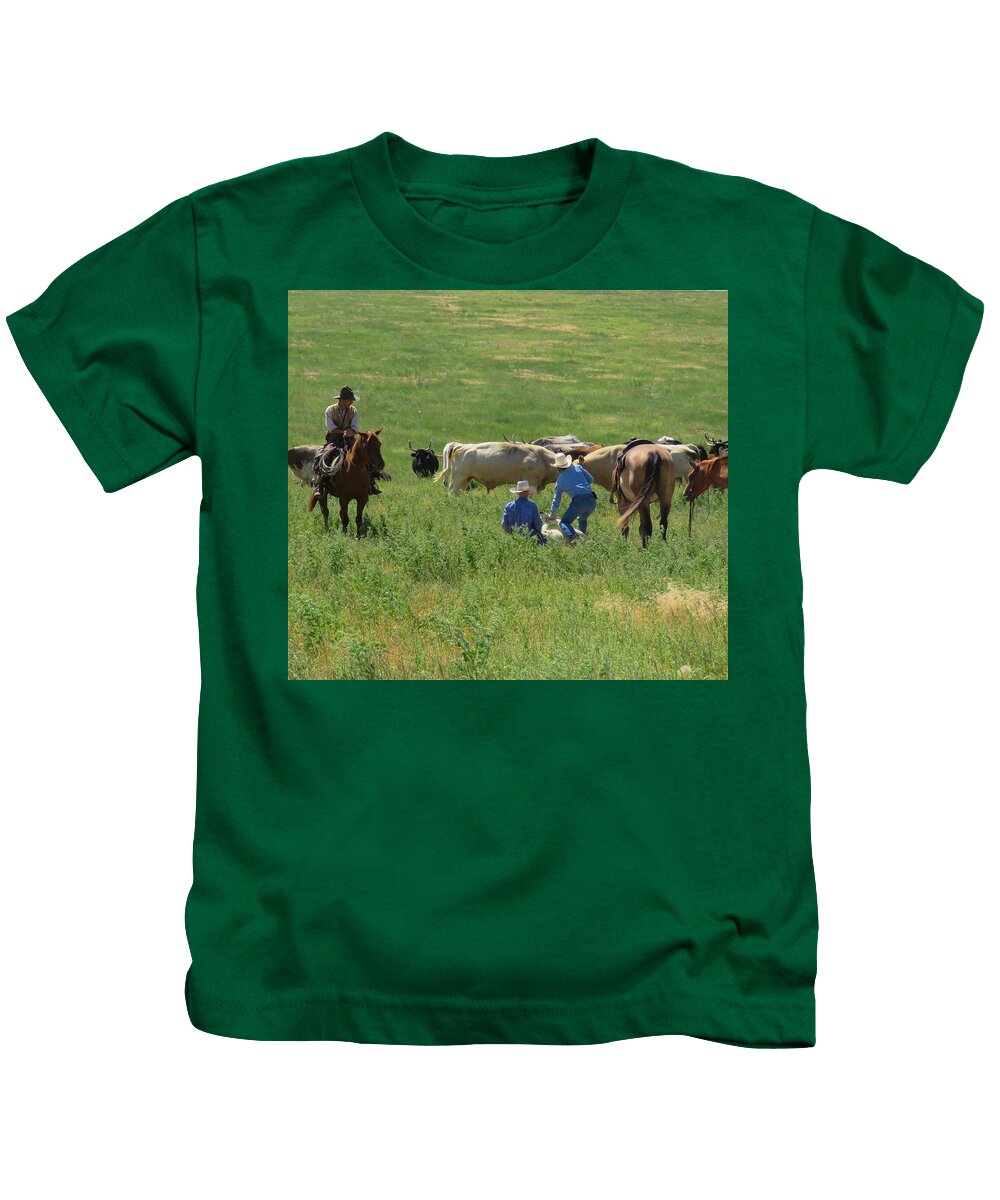 Calf Roping Kids T-Shirt featuring the photograph Calf Roping by Keith Stokes