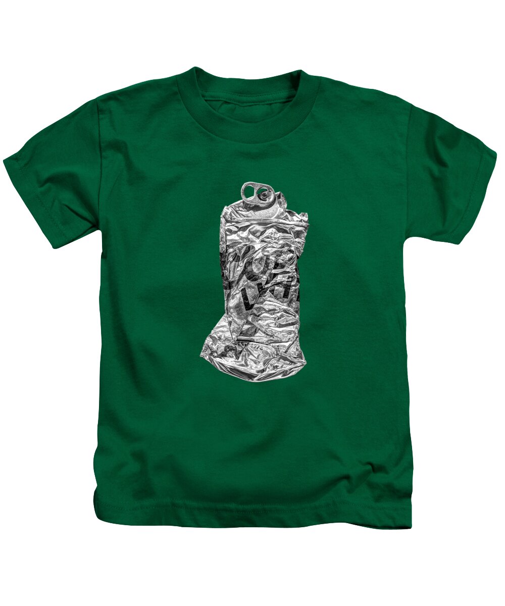 Black Kids T-Shirt featuring the photograph Crushed Silver Light Beer Can on Plywood 80 in BW by YoPedro