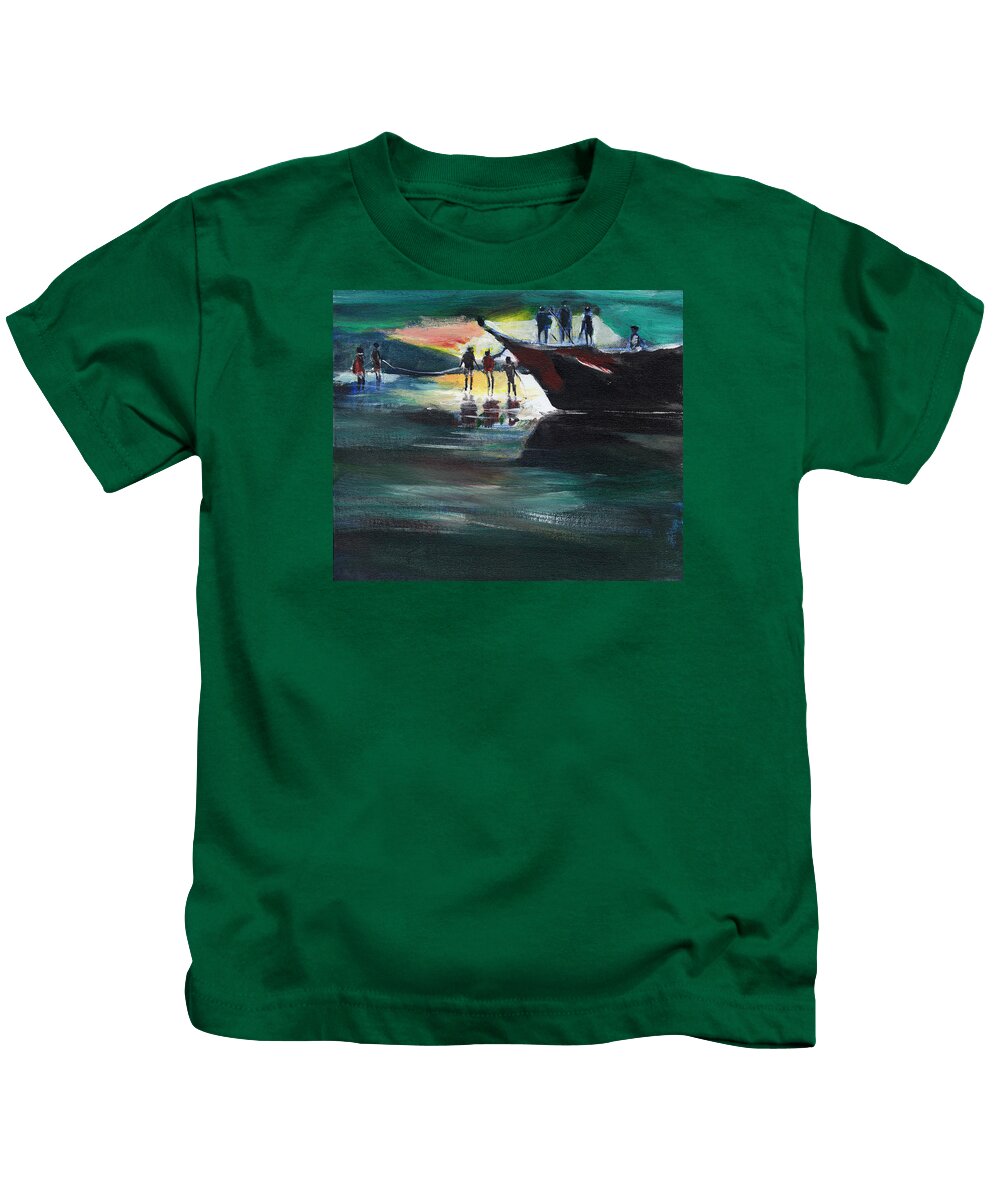 Boat Kids T-Shirt featuring the painting Fishing Line by Anil Nene