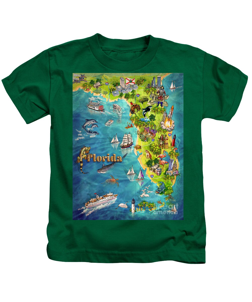 Castillo De San Marcos National Monument Kids T-Shirt featuring the painting Illustrated Map of Florida by Maria Rabinky