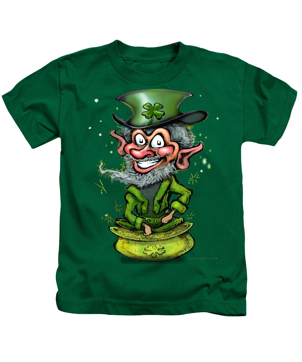 Leprechaun Kids T-Shirt featuring the digital art Lucky Leprechaun on Pot of Gold by Kevin Middleton