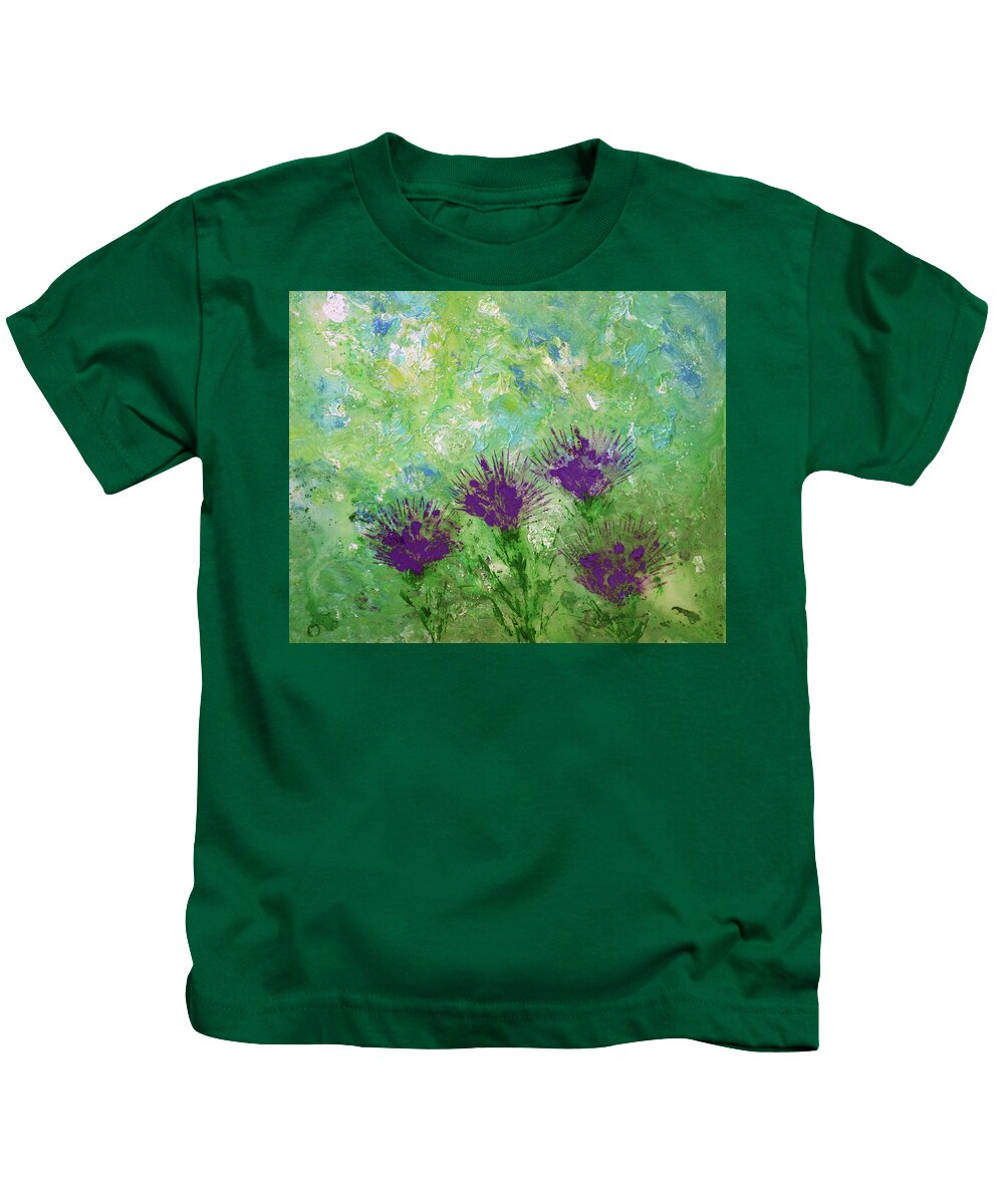 Purple Kids T-Shirt featuring the painting Purple thistles by Erik Tanghe