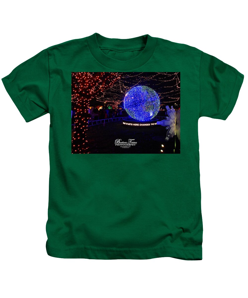 What Starts Here Changes The World Kids T-Shirt featuring the photograph Trail of Lights World #7359 by Barbara Tristan