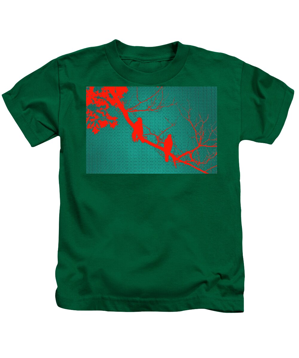Birds Kids T-Shirt featuring the digital art Red Birds on Branch by Geoff Jewett