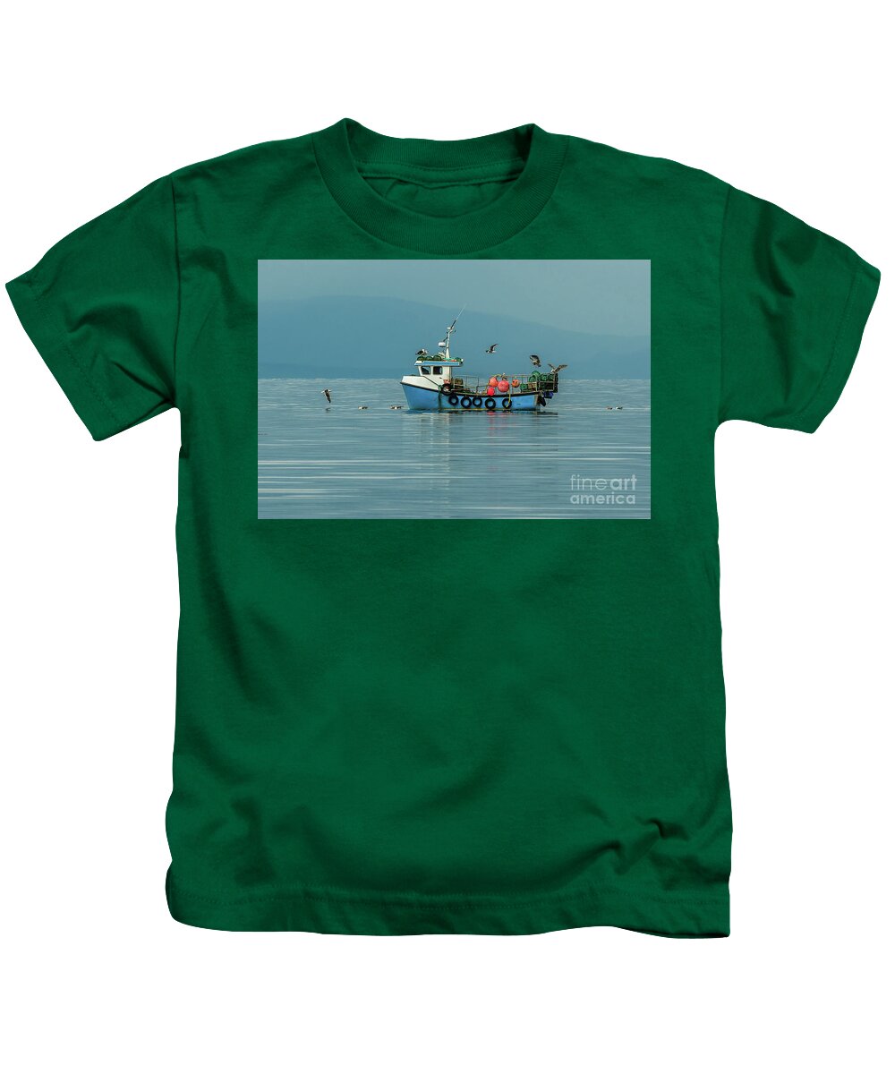 Animal Kids T-Shirt featuring the photograph Small Fishing Boat With Lobster Pods And Seagulls On Calm Atlantic In Front Of The Hebride Islands by Andreas Berthold