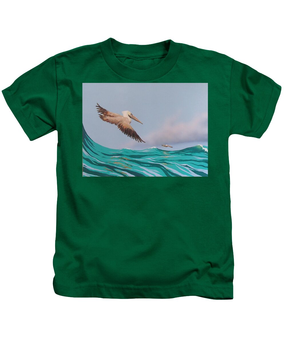 Pelicans Kids T-Shirt featuring the painting Surfing by Philip Fleischer