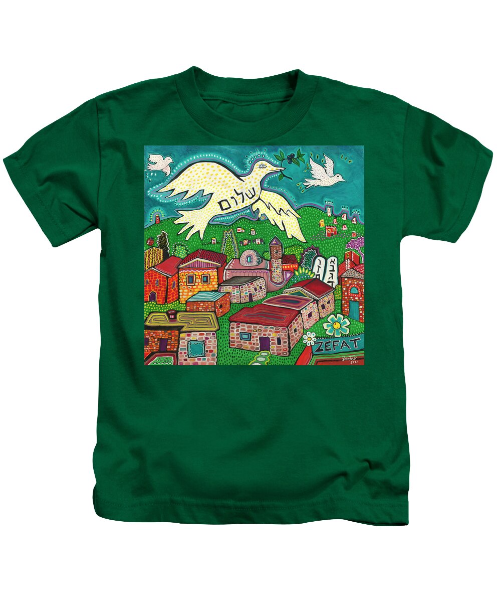 Shalom Kids T-Shirt featuring the painting Shalom Over Tzfat by Yom Tov Blumenthal