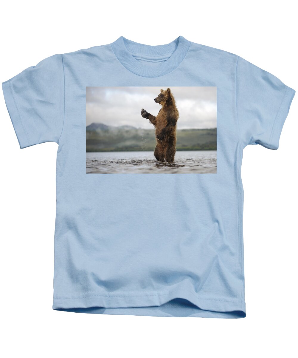 Feb0514 Kids T-Shirt featuring the photograph Brown Bear In River Kamchatka Russia #1 by Sergey Gorshkov