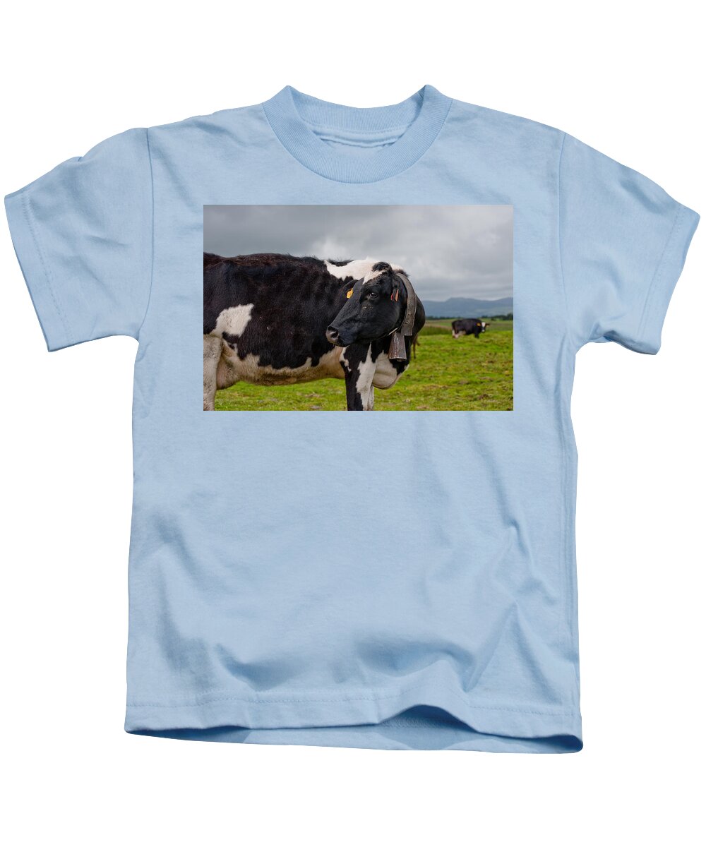 Agriculture Kids T-Shirt featuring the photograph Cow wearing cowbell #1 by Joseph Amaral