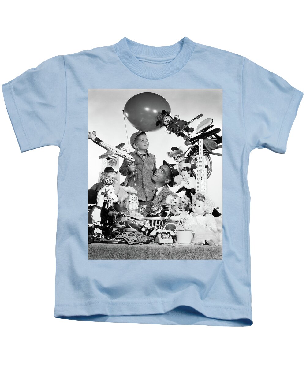 Photography Kids T-Shirt featuring the photograph 1950s Father With Son Holding Balloon by Vintage Images