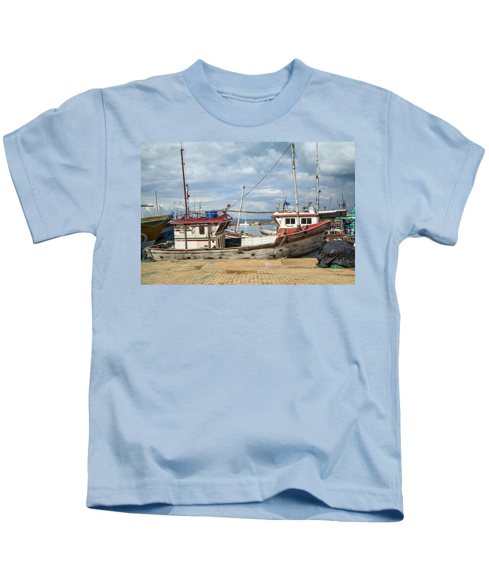 Harbor Kids T-Shirt featuring the photograph boats in the harbour of Mirissa on the tropical island of Sri Lanka by Gina Koch