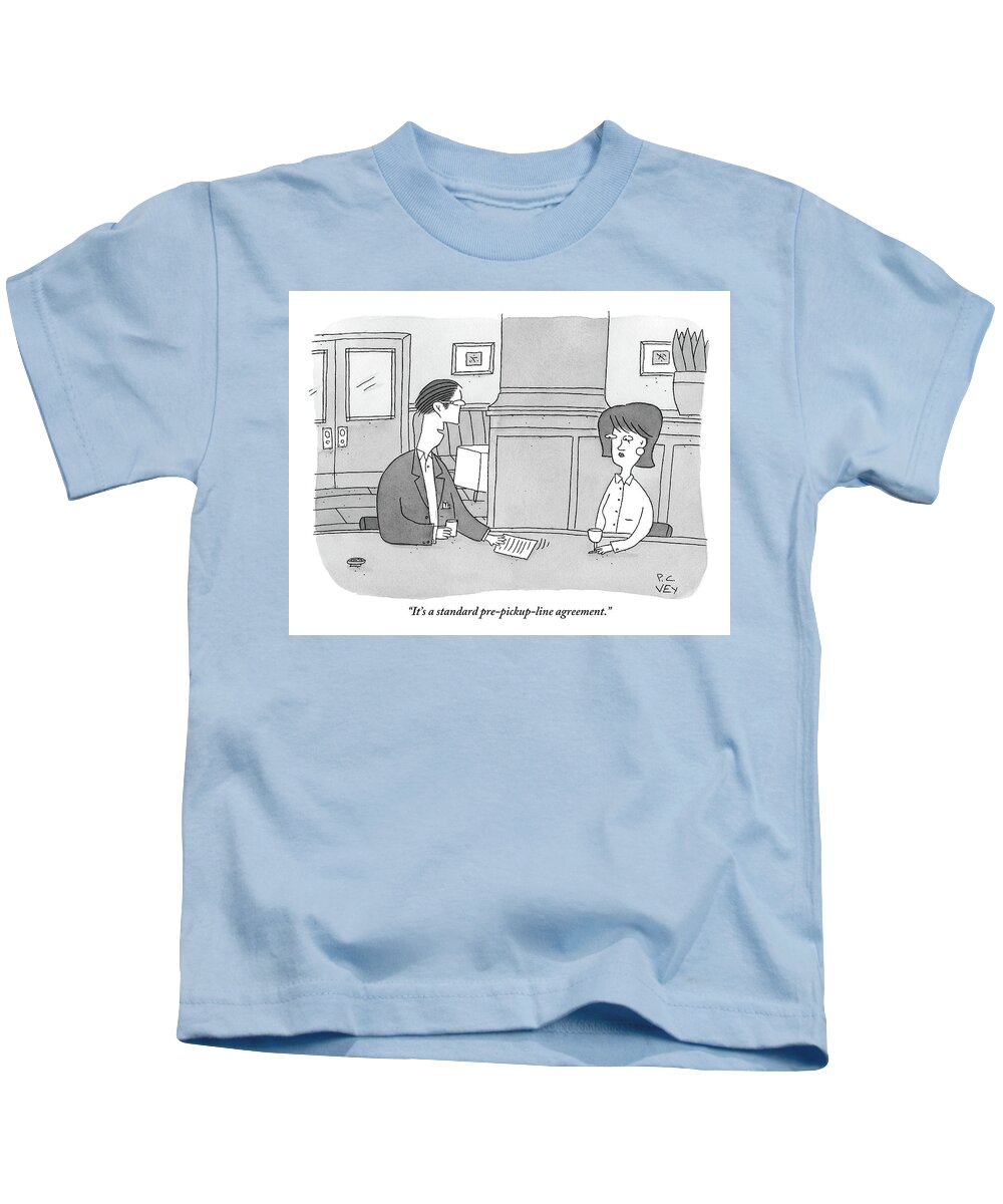 Pick-up Line Kids T-Shirt featuring the drawing A Man Passes A Contract To A Woman At The Bar by Peter C. Vey