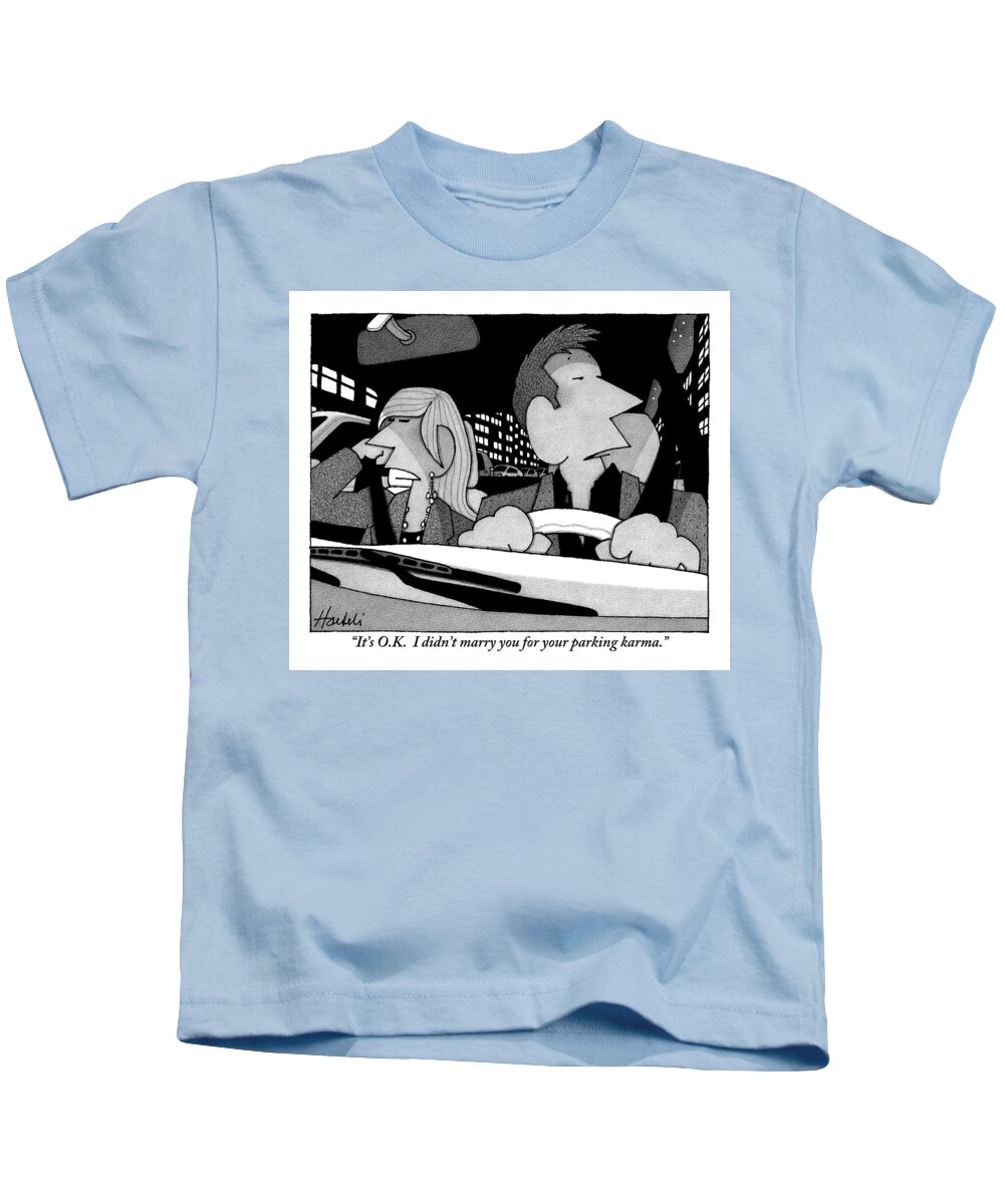 Marriage Kids T-Shirt featuring the drawing A Married Couple Are Seen In The Front Seats by William Haefeli