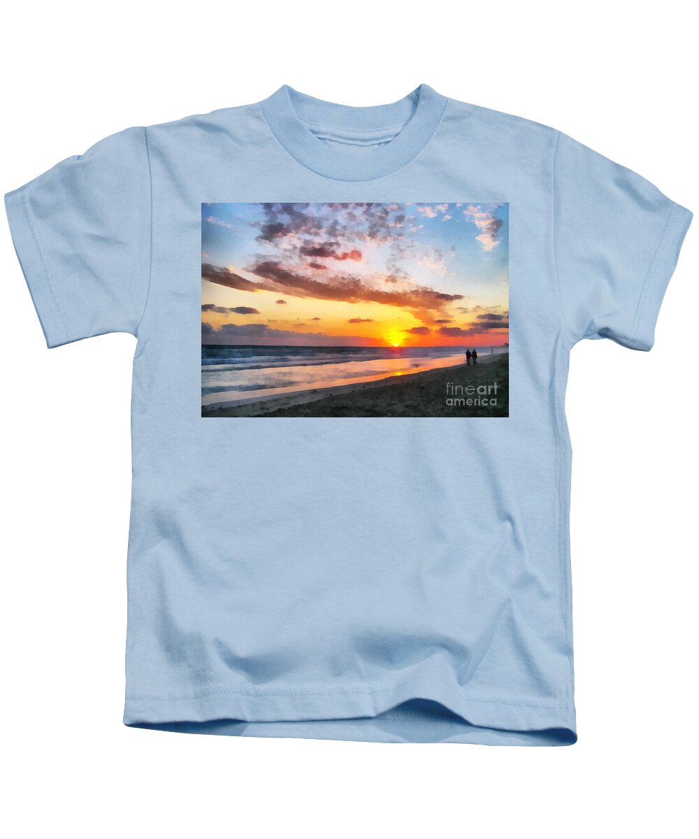  Beach Kids T-Shirt featuring the painting A painting of the sunset at sea by Odon Czintos