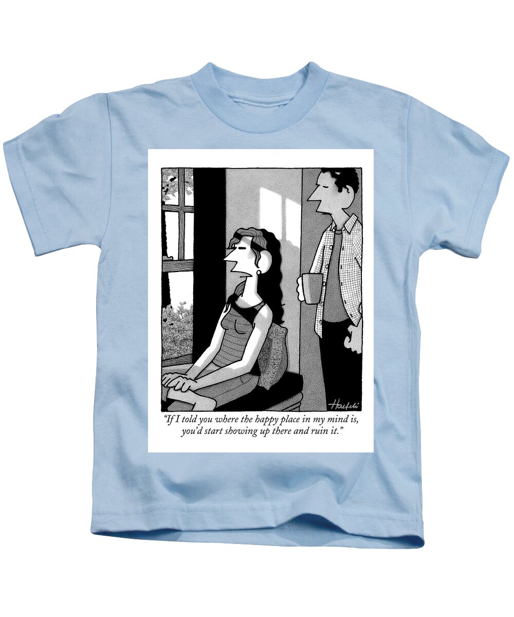 Meditation Kids T-Shirt featuring the drawing A Woman Gazes Out Of A Window And Speaks by William Haefeli
