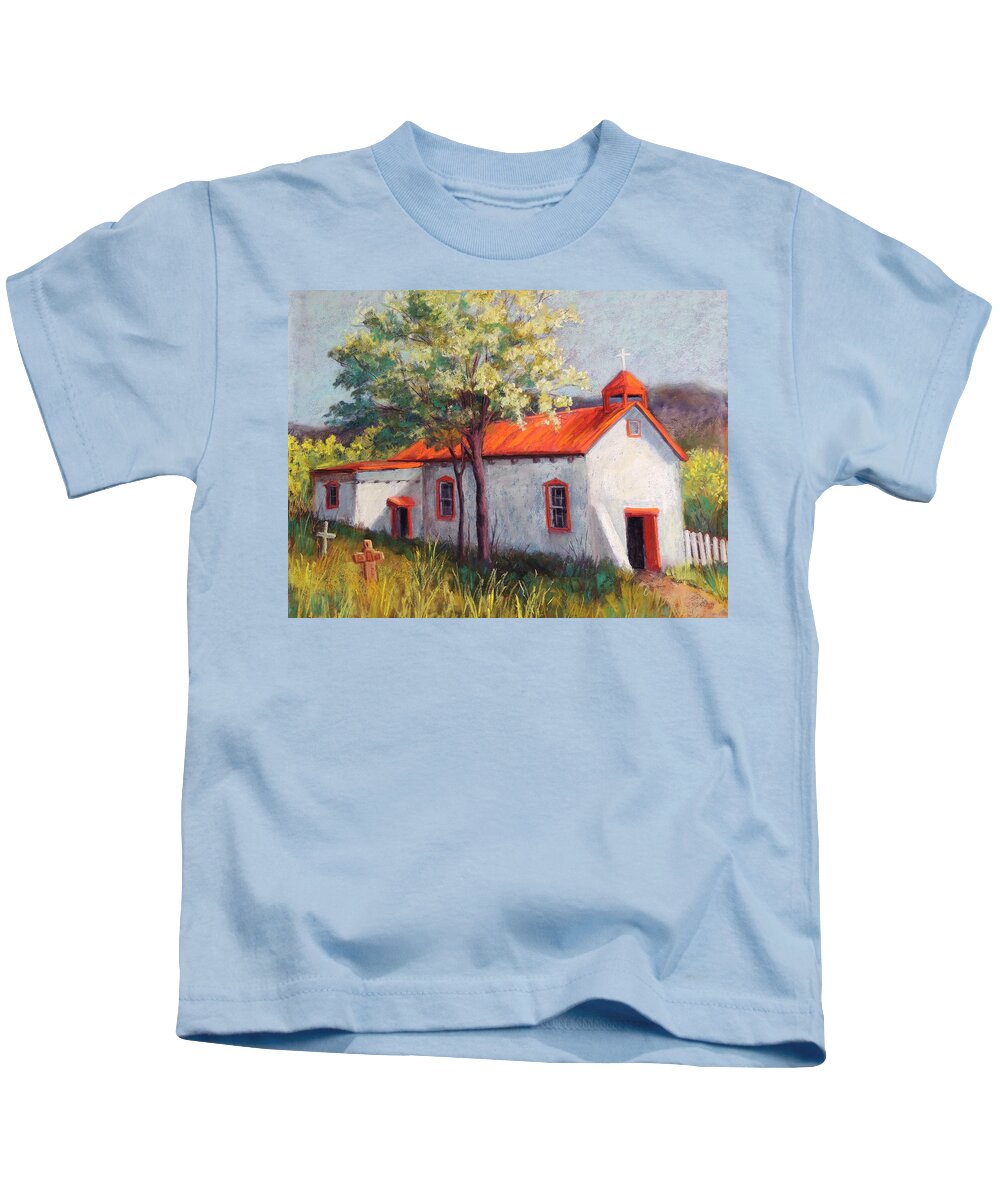 Southwest Church Kids T-Shirt featuring the pastel Canoncito Church by Candy Mayer
