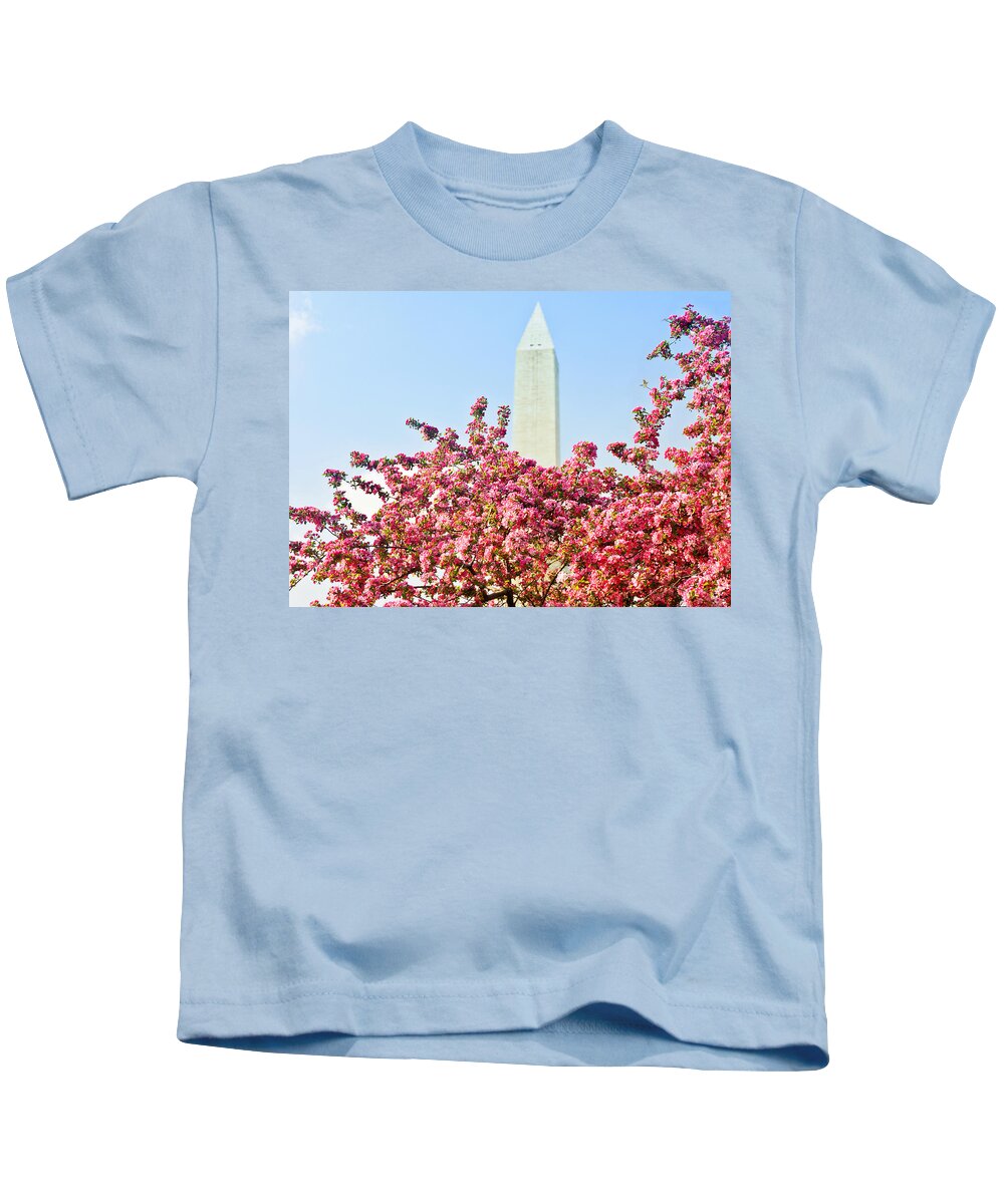 America Kids T-Shirt featuring the photograph Cherry Trees and Washington Monument Two by Mitchell R Grosky