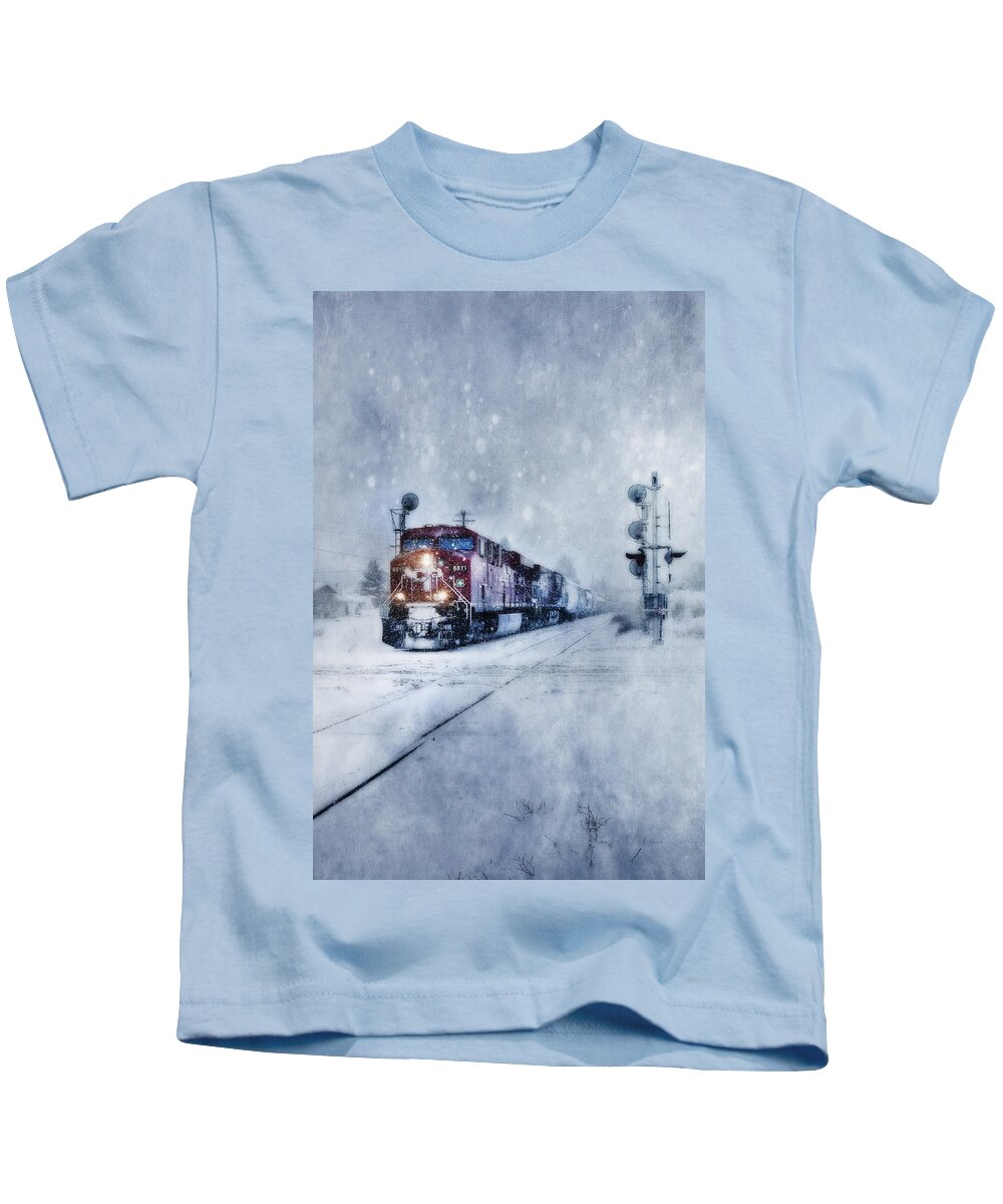 Train Kids T-Shirt featuring the photograph Cold Nights On The Midnight Train Color by Theresa Tahara