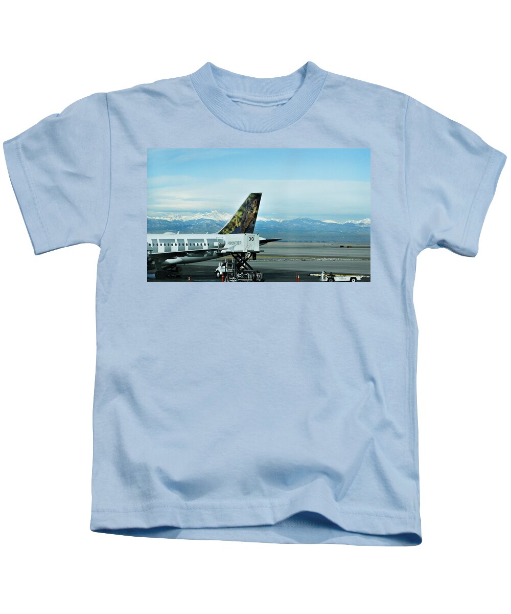 Frontier Kids T-Shirt featuring the photograph Denver Airport with Rockies in background by Marilyn Hunt