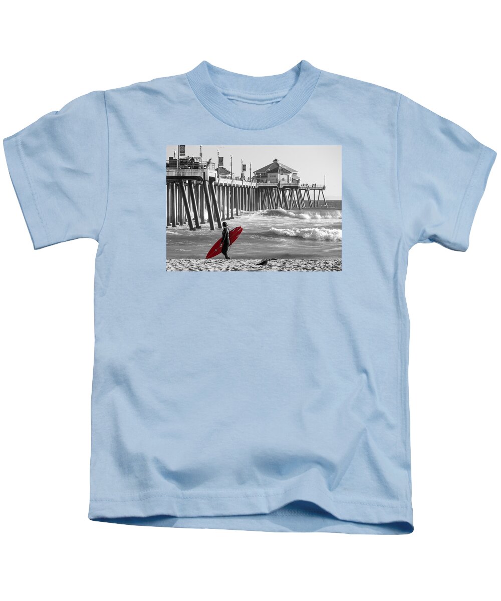 Huntington Beach Kids T-Shirt featuring the photograph Existential Surfing At Huntington Beach Selective Color by Scott Campbell