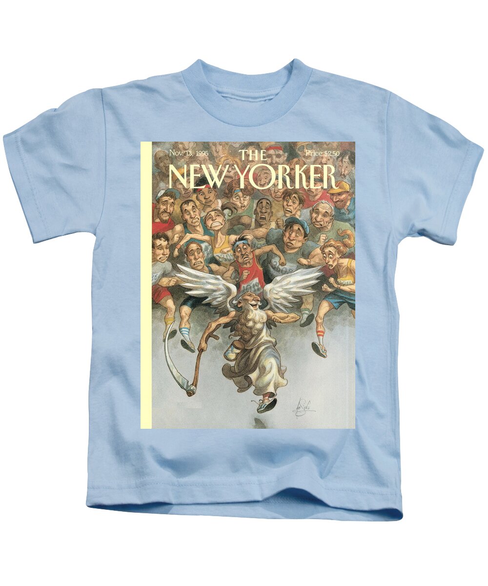 Father Time Kids T-Shirt featuring the painting Father Time Running A Marathon by Peter de Seve