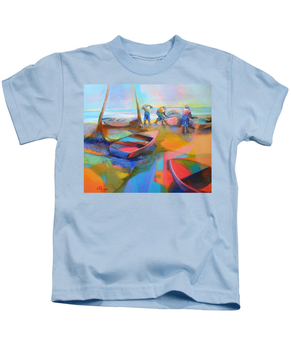 Abstract Kids T-Shirt featuring the painting Fishermen by Cynthia McLean
