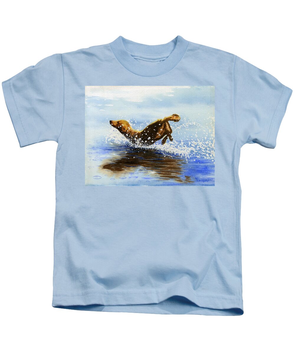Watercolor Kids T-Shirt featuring the painting Frolicking Dog by Timothy Livingston