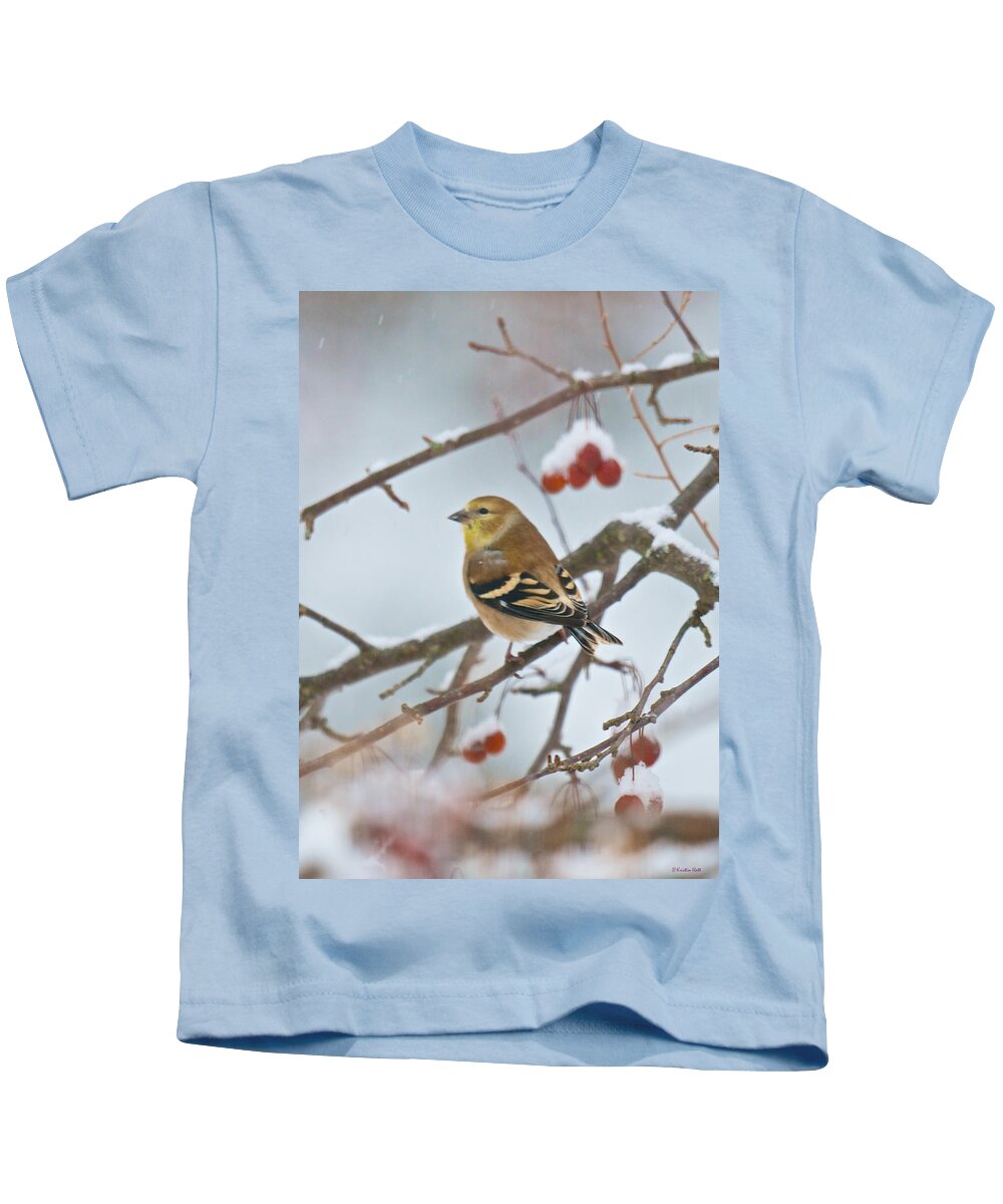Birds Kids T-Shirt featuring the photograph Goldfinch in Snow by Kristin Hatt