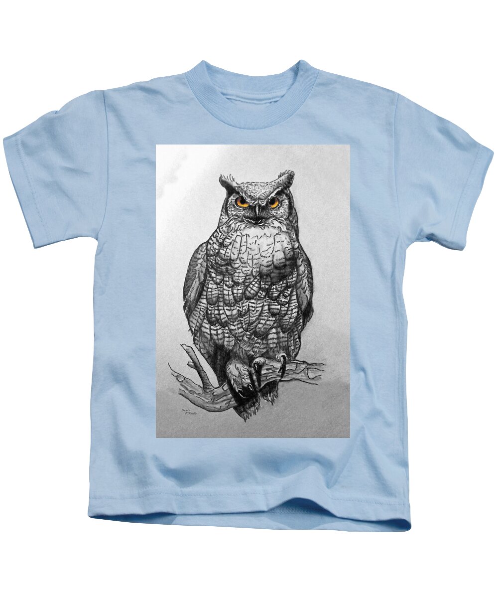 Great Horned Owl Kids T-Shirt featuring the painting Great Horned Owl Black And White by Sandi OReilly
