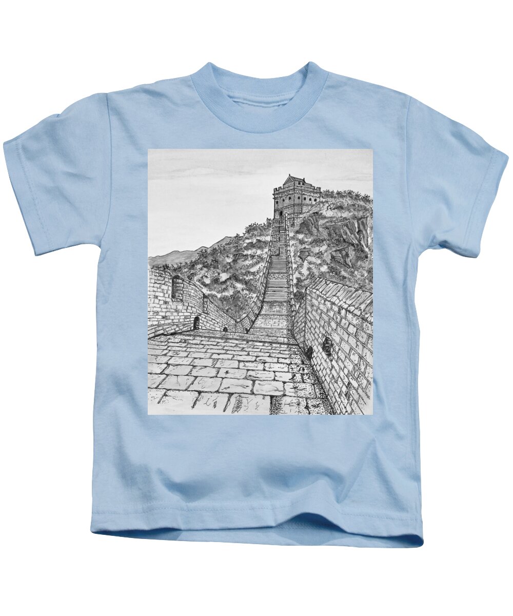 Ancient Kids T-Shirt featuring the drawing Greatest Wall Ever Black and White by Ashley Goforth