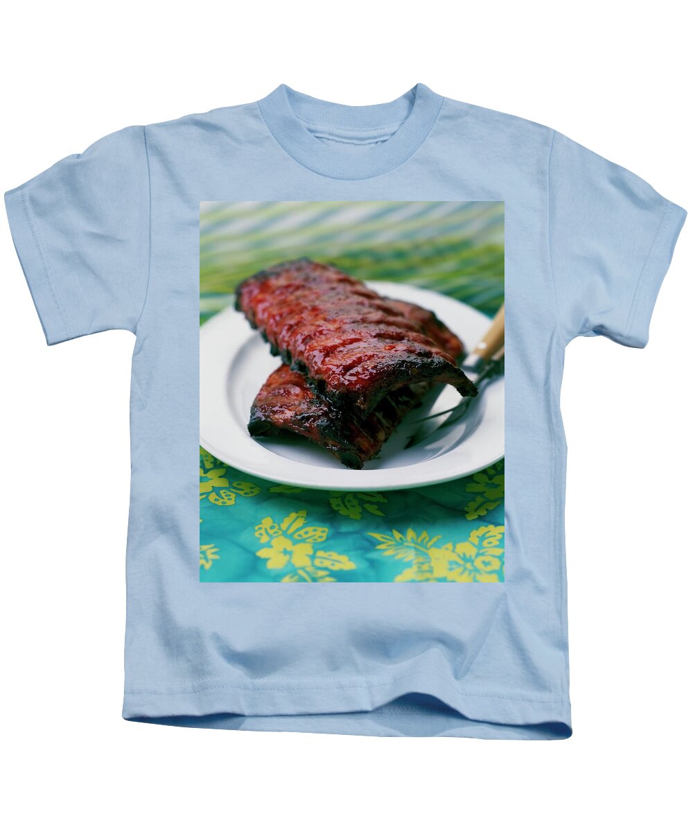 Cooking Kids T-Shirt featuring the photograph Grilled Ribs On A White Plate by Romulo Yanes