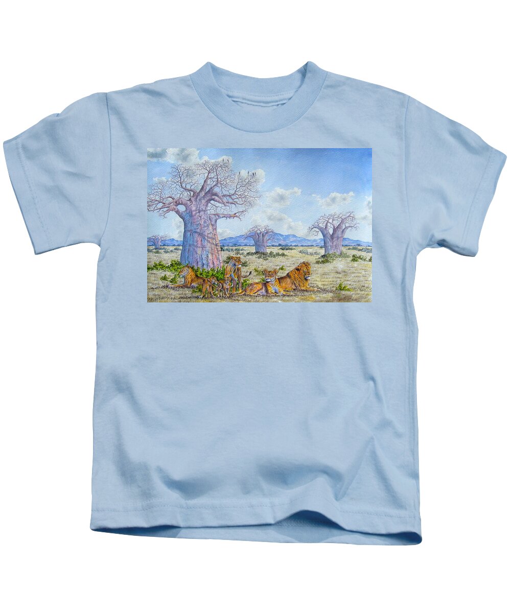 African Paintings Kids T-Shirt featuring the painting Lions by the Baobab by Joseph Thiongo