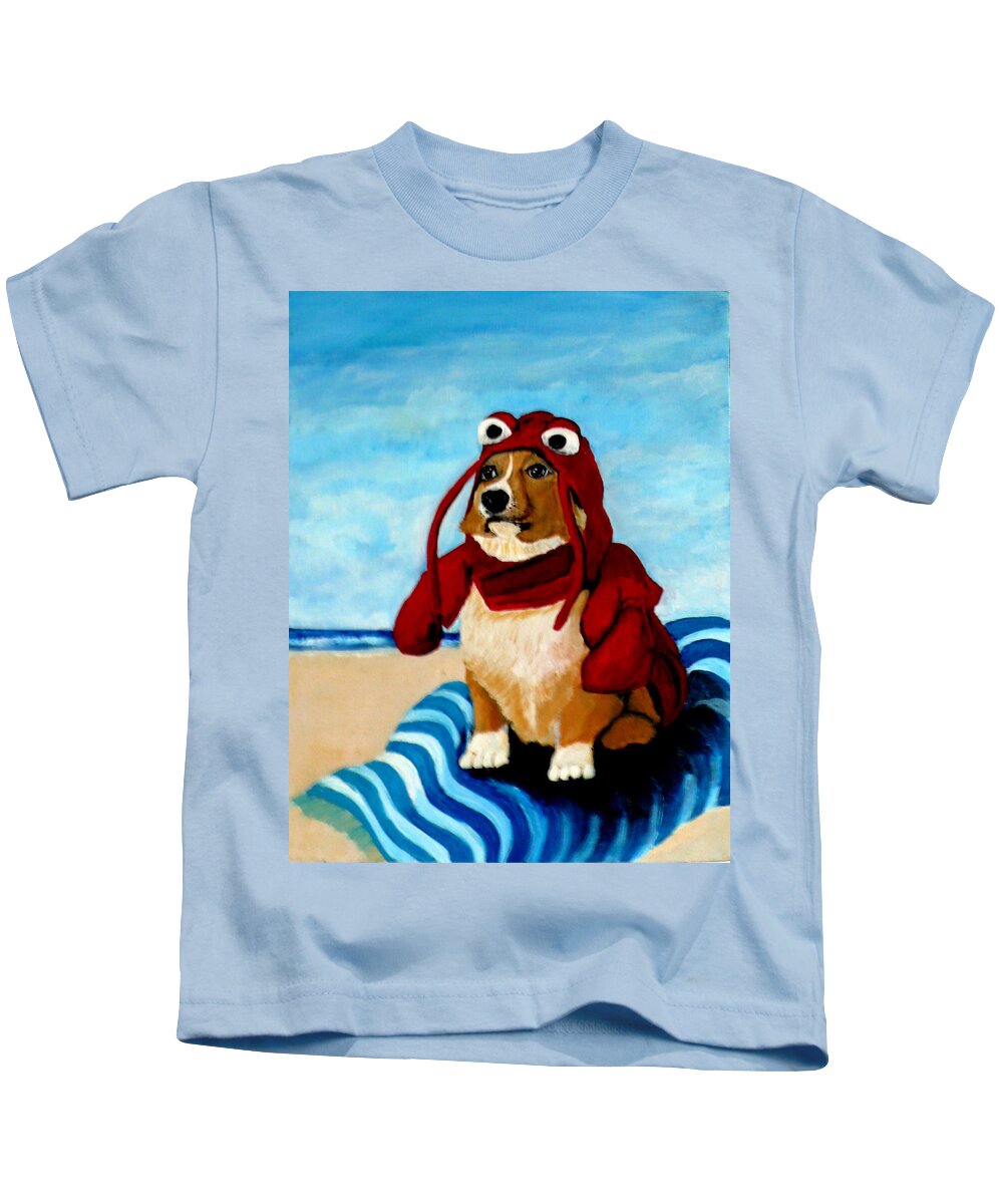 Cute Corgi Kids T-Shirt featuring the painting Lobster Corgi on the Beach by Katy Hawk