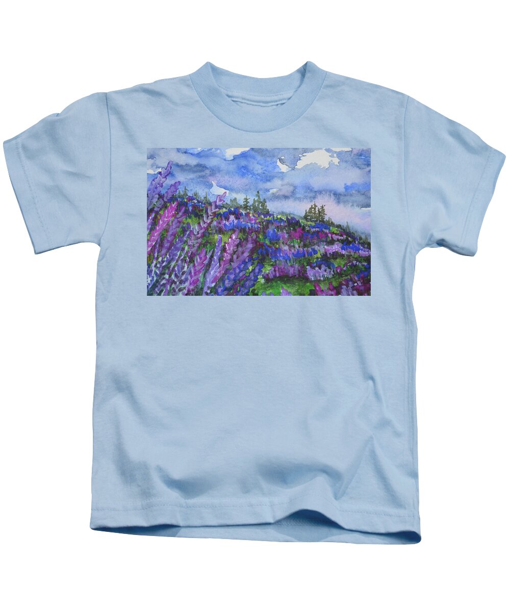 Lupine Kids T-Shirt featuring the painting Lupine Fields by Kellie Chasse