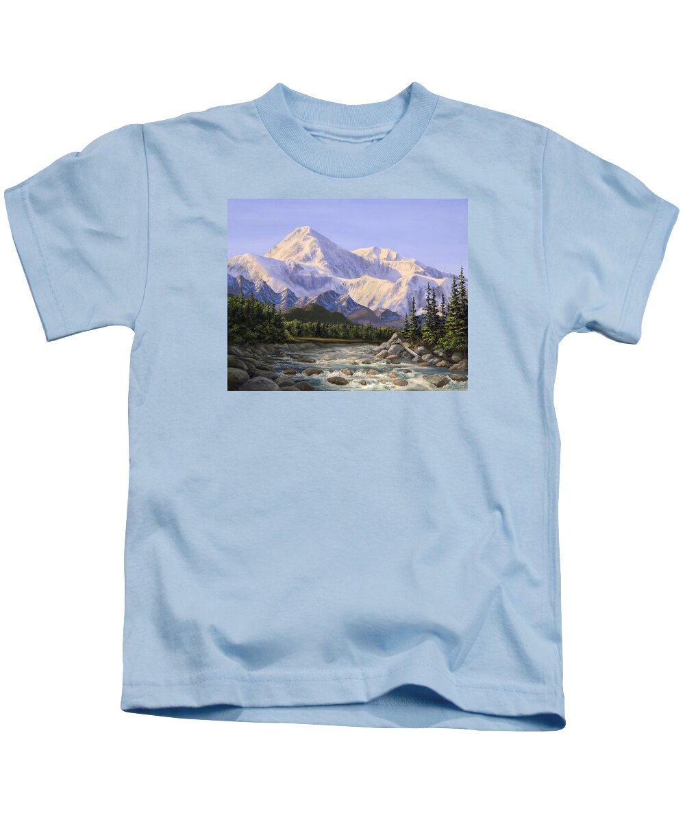 Alaska Landscape Kids T-Shirt featuring the painting Majestic Denali Mountain Landscape - Alaska Painting - Mountains and River - Wilderness Decor by K Whitworth