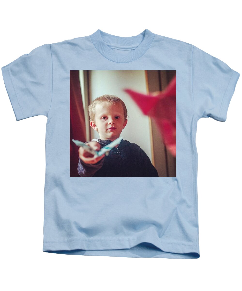 Butterfly Kids T-Shirt featuring the photograph Micah Decorating His Origami Butterfly by Aleck Cartwright