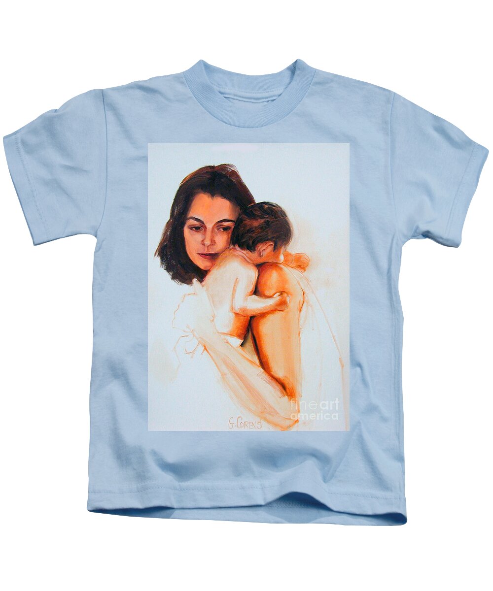 Painted Portrait Kids T-Shirt featuring the painting Mother and child by Greta Corens