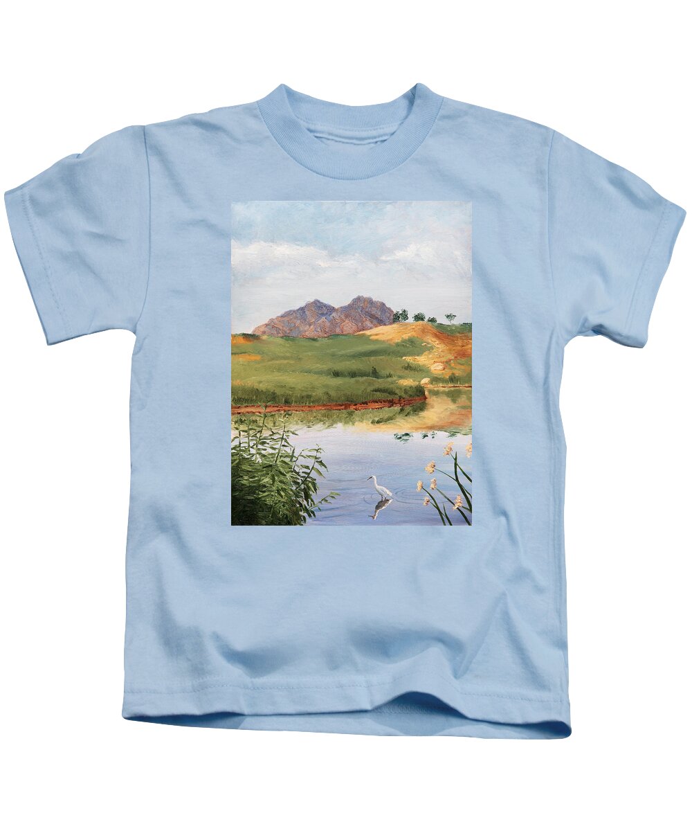 Animals Kids T-Shirt featuring the painting Mountain Landscape with Egret by Masha Batkova